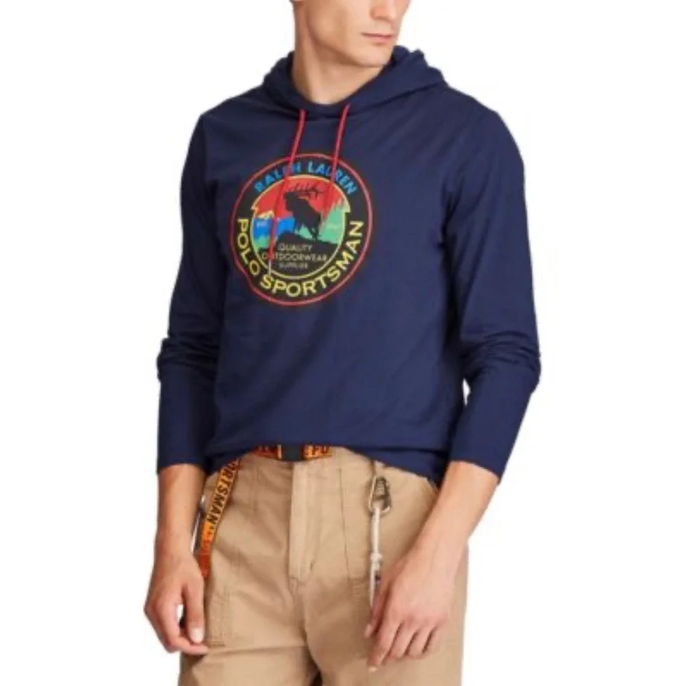 Polo Ralph Lauren Sportsman‎ Tshirt Hoodie Blue Graphic Print Size M Retro